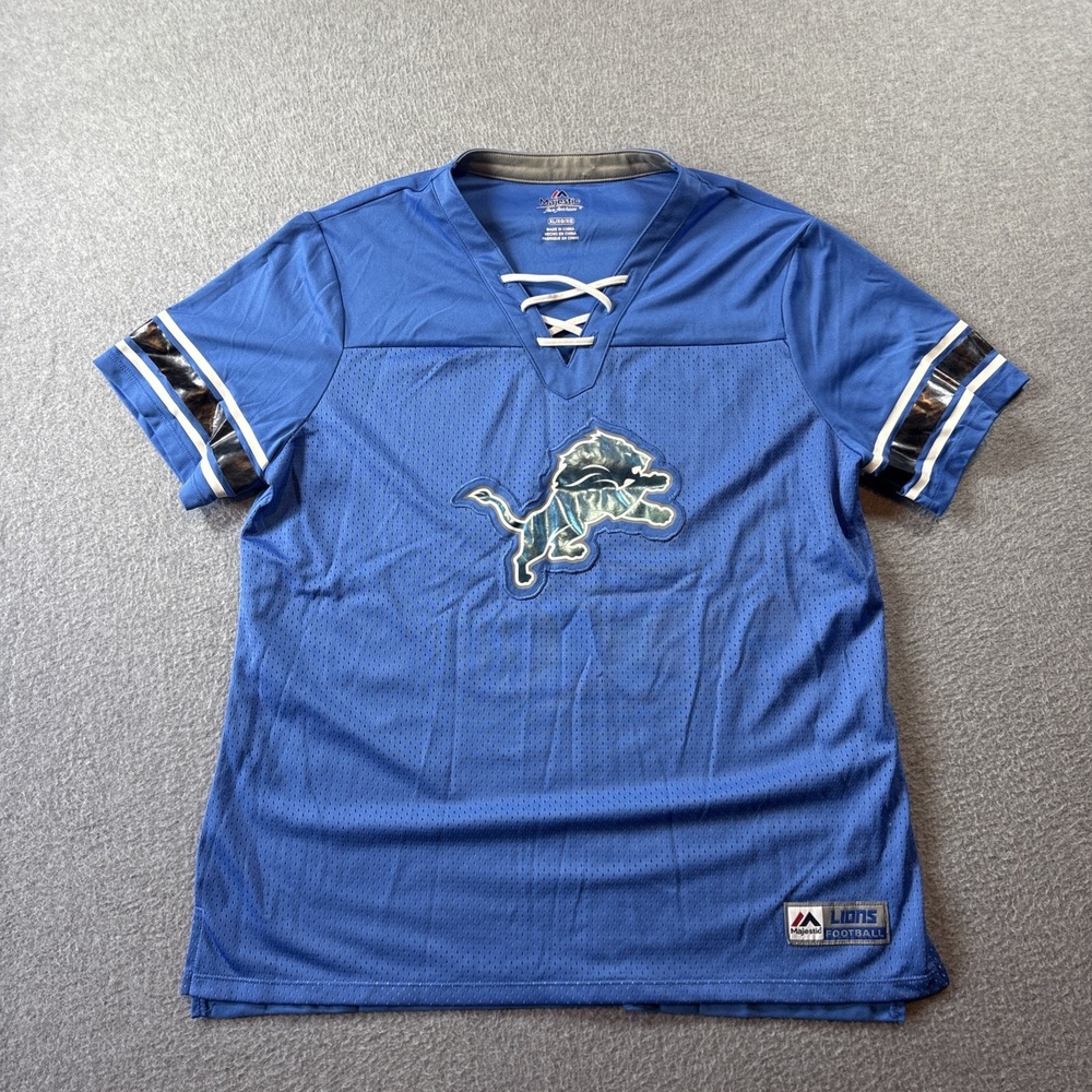 Detroit Lions Women's Jersey Majestic Blue Sz XL NFL V Neck Fan Fashion
